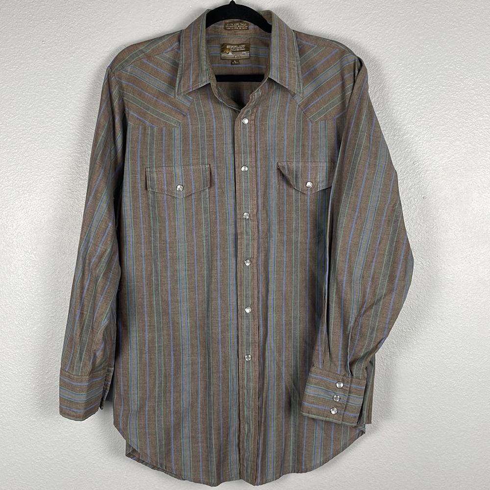 Outlaw Western Wear pearl snap button up extra long tails shirt men Large stripe